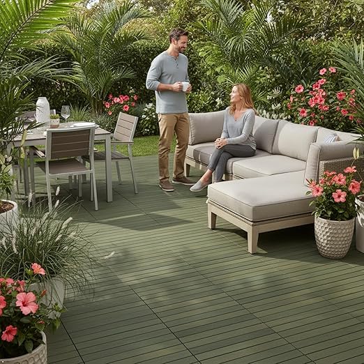 Acacia Wood Flooring Interlocking Deck Tiles for Patio Decor 27 Pcs 12 Slats VR Muted Green - Waterproof Indoor & Outdoor Decor - Balcony Garden Decking Tile (12.2 * 12.2 * 0.7 inches)