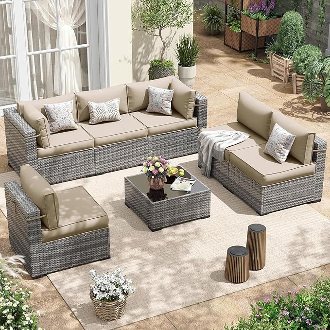 Patio Sectional Cushions, 14-Piece Replacement Cushions for Outdoor Furniture, Water-Resistant Outdoor Sofa Cushion for 6-Seat Rattan Wicker Sectional Conversation Sets (Khaki111)