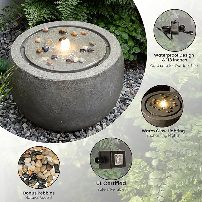Garden Water Fountain Outdoor Bubbler Water Feature Indoor with Lights & Pump and Pebbles Waterfall Fountains Concrete Effect for Patio Deck Yard Home Decor Gray, 18 "L x 18" W x 11.5" H