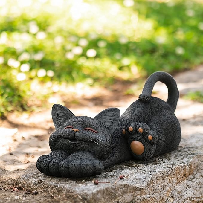 JFSM INC. 12" Whimsical Lounging Black Cat Garden Statue - Indoor Outdoor Relaxed Zen Cat Sculpture - Cat Lover Gifts, Decorations for Patio Yard Lawn Porch