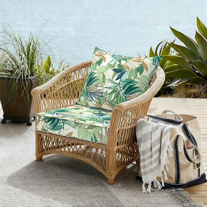 Outdoor Deep Seat Cushion Set, Water Repellent 22"x22" Patio Thick Cushions Replacement with Seat & Back Pillow for Patio Sofa, Wicker Chair, Couch - Lush Leaf Green