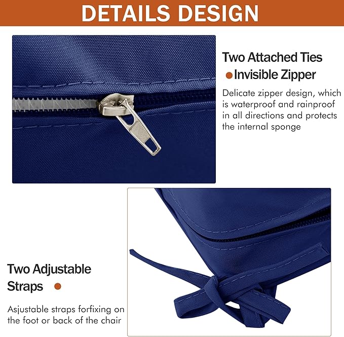 4 Pack Outdoor Chair Cushions 19 x 19 Inch Water Resistant Patio Chair Cushions with Tie 3 Year Color Fastness Thick Outdoor Seat Cushion for Garden Lawn Patio Furniture Navy