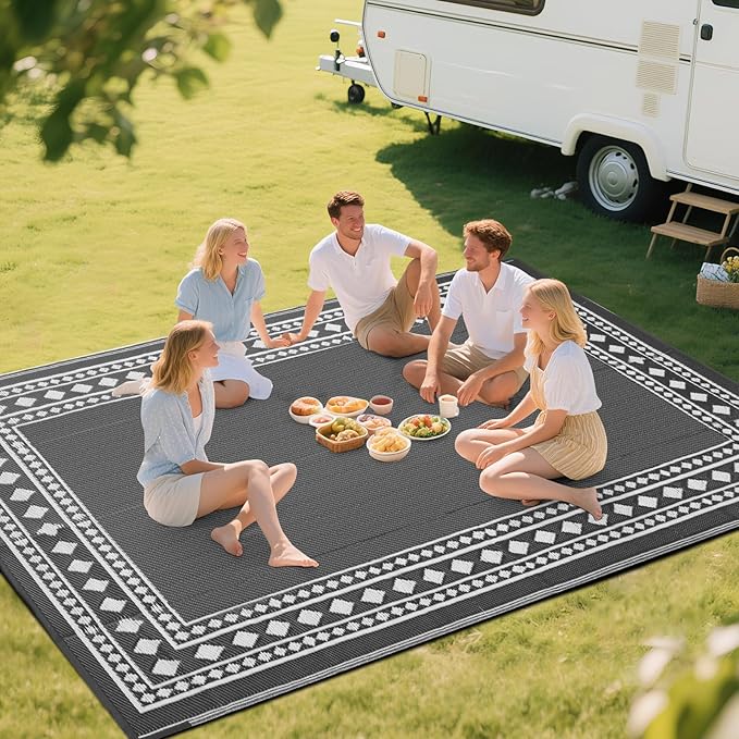 RURALITY Outdoor Rugs 8x10 Waterproof for Patios Clearance,Plastic Straw Mats for Backyard,Porch,Deck,Balcony,Grey and White