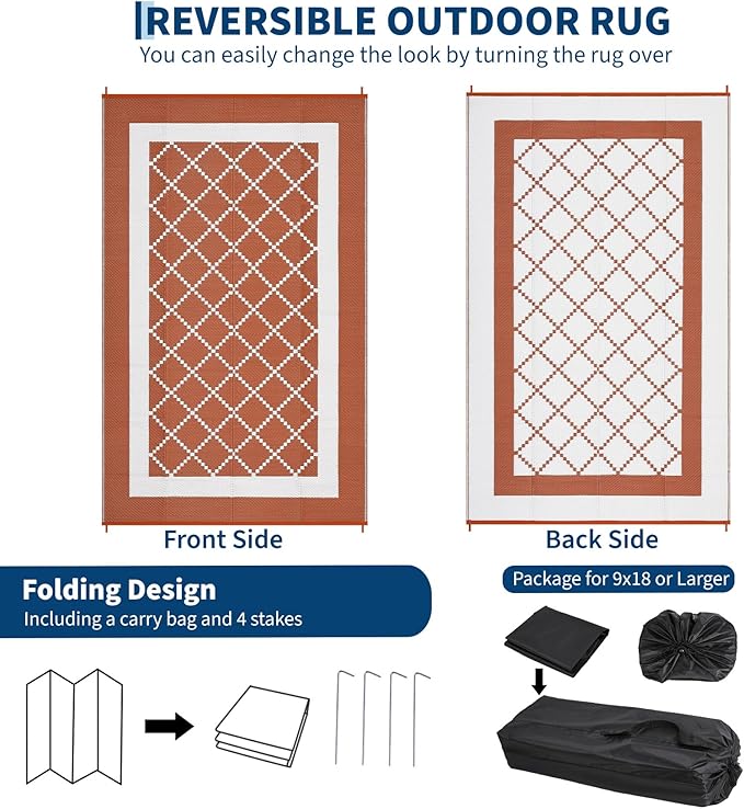 Outdoor Rug 10x14 Waterproof Reversible Mat Indoor Outdoor Plastic Straw Rus Carpet All Weather Modern Trellis RV Mat Carpet for Patio Deck Balcony Pool Picnic Orange/White