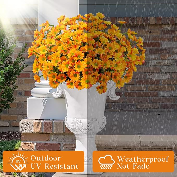 16 Bundles Silk Daisy Artificial Flowers for Outdoors UV Resistant Fake Daisies Plastic Plants Flower for Home Outside Front Door Porch Garden Patio Planters Decoration (Orange)