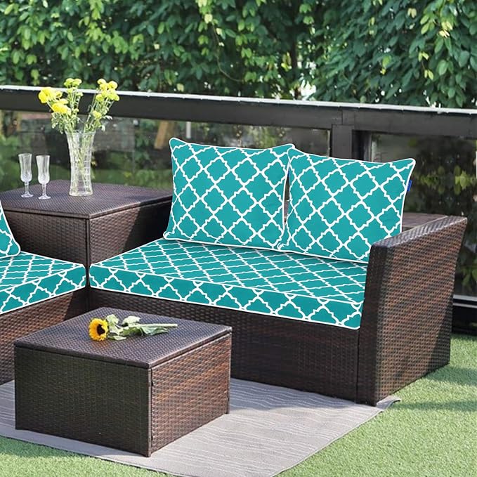 Outdoor Loveseat Cushion Set 44''x24'', Outdoor Cushions for Patio Furniture with Fastness Cover, Water Repellent Outdoor Seat Cushion and Couch Back Cushions for Bench, Swing (Aqua Plaid, 2 Sets)