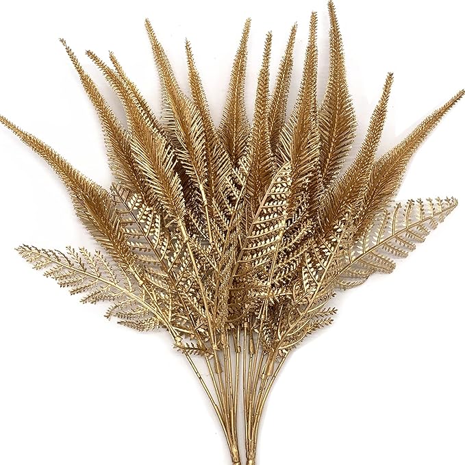 CATTREE Artificial Plants for Christmas, Plastic Grass Faux Shrubs Fake Leaves Simulation Setaria Bushes Home Indoor Outdoor Garden Wedding Festival Decoration Hall Table Planter Filler – Gold 2 Pack