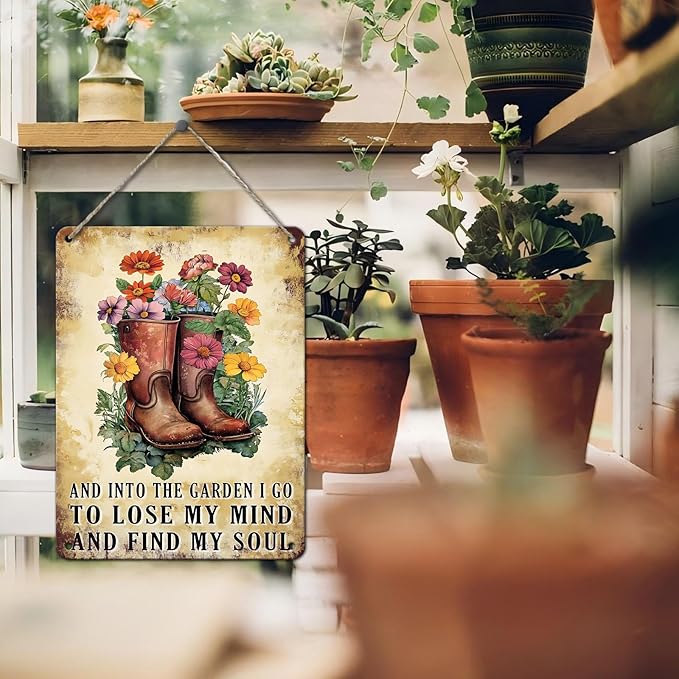 PEACHGARDEN Garden Retro Tin Sign And Into The Garden I Go To Lose My Mind And Find My Soul Metal Sign Outdoor Flowers Decor 12x16inch