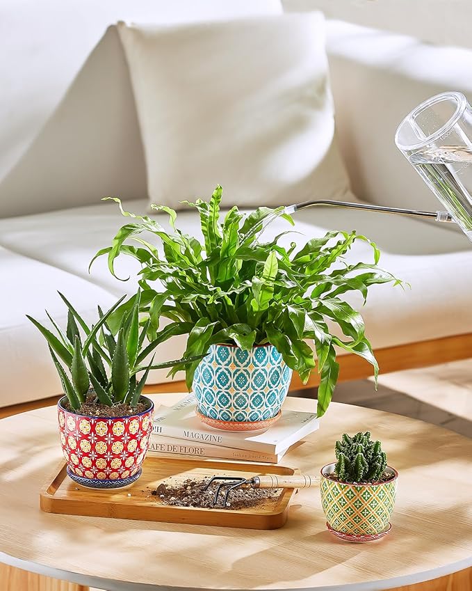 Ceramic Plant Pots, 4.9 Inch Flower Pots with Drainage Hole & Saucer, Colorful Planter Pots for Houseplants, Succulent, Catus, Home Decor, Set of 4, Vibrant Colors