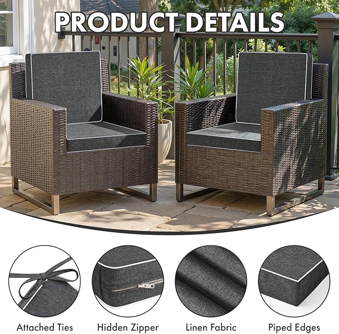 MIULEE Dark Grey Outdoor Chair Cushions Set of 4, 18.5x16x3 Inch Waterproof Patio Seat Cushions for Outdoor Furniture Couch Sofa, 3 Year Color Fastness High Density Foam with Adjustable Ties