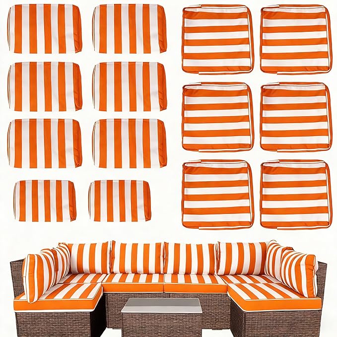 Outdoor Cushion Covers for Patio Furniture, Patio Cushion Covers Replacement with Zipper, Waterproof & Fade Resistant,Only Cover (Orange and White Stripes, 25.6Lx25.6Wx4H - Only Covers)