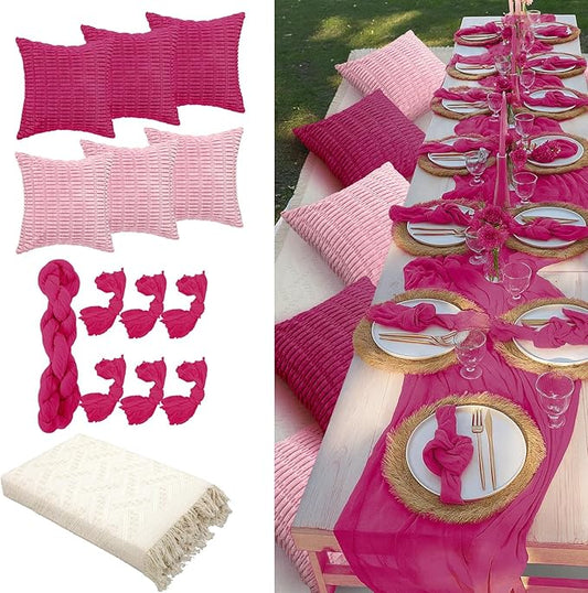 91 x 71 Extra Large Outdoor Boho Picnic Blanket with Girl Colors Table Runner, 6 Throw Pillow Covers 6 Napkins Woven Cotton Yarn Oversize Beach Blanket Washable Picnic Camp Wedding