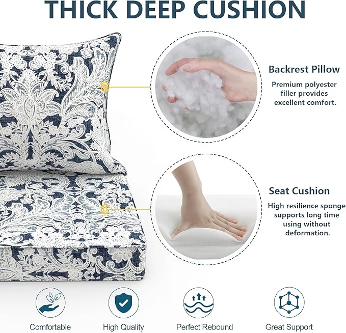 Outdoor Deep Seat Cushion Set, Water Repellent 24"x24" Patio Thick Cushions Replacement with Seat & Back Pillow for Patio Sofa, Wicker Chair, Couch - Damask Lapis