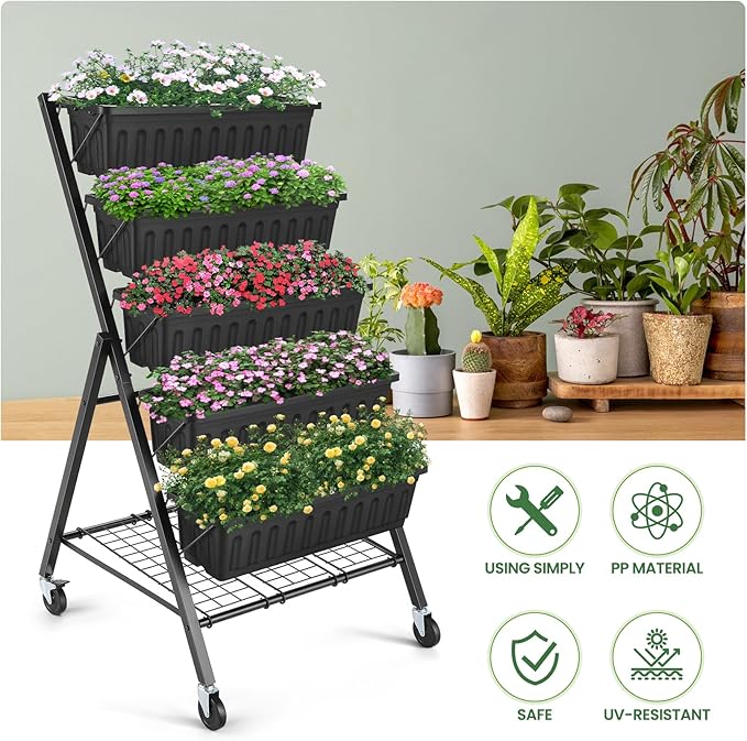 Suyncll Vertical Raised Garden Bed Planter Box, 5 Tiers Vertical Garden Planter with Drainage System and 4 Hooks for Plants Vegetables Flowers (Black with Storage Shelf & Wheels)