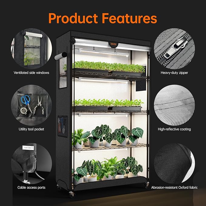 Bstrip Indoor Greenhouse with Grow Light, Plant Shelf with Oxford Fabric Grow Tent, Indoor Greenhouse Cabinet for Indoor Plant, Seed Starting, Seed Tray, 35.4"x13.8"x59"