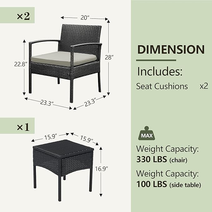 PROHIKER 3 PCS Patio Rattan Conversation Chairs Set, Outdoor Patio Furniture Balcony Furniture Set, Wicker Patio Bistro Set for Garden Porch Balcony Yard, Gray