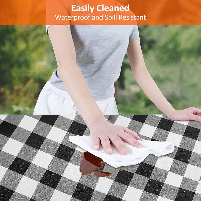 KENOBEE 7ft Picnic Table and Bench Cover, Camping Essentials RV Gear, 84 in Waterproof Windproof Outdoor Elastic All Around Tablecloth, Fitted Rectangle Tables and Seats, Black-White Checkered
