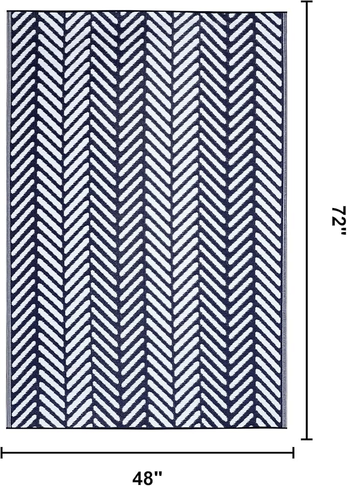 FH Home Outdoor Rug - Waterproof, Fade Resistant, Reversible - Premium Recycled Plastic - Herringbone - Patio, Deck, Porch, Balcony, Laundry Room - Fresno - Navy Crease Free - 4 x 6 ft