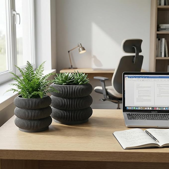 Fabix 4.7/6" 3D Printed Plant Pots - Unique Bubble Ring Modern Planters for Indoor Plants, Durableo-Friendly PLA Flower Pots with Drainage for Succulents, Cactus, Home Office Décor.(Black)