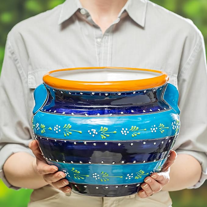 Evergreen Garden Talavera Mexican Pottery Ceramic Chata | Flower Pot Plant Succulent | Indoor Outdoor (12 in. Blue Striped)