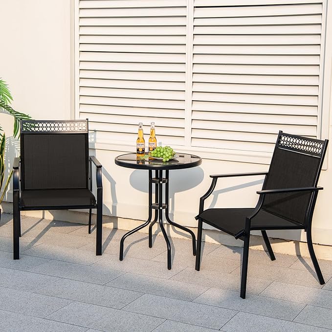 Giantex Patio Chairs Set of 2, Outdoor Chairs with All Weather Fabric, High Backrest, Armrests, Heavy Duty Metal Armchair, Outside Dining Chairs for Porch Lawn Garden Yard Pool, Black