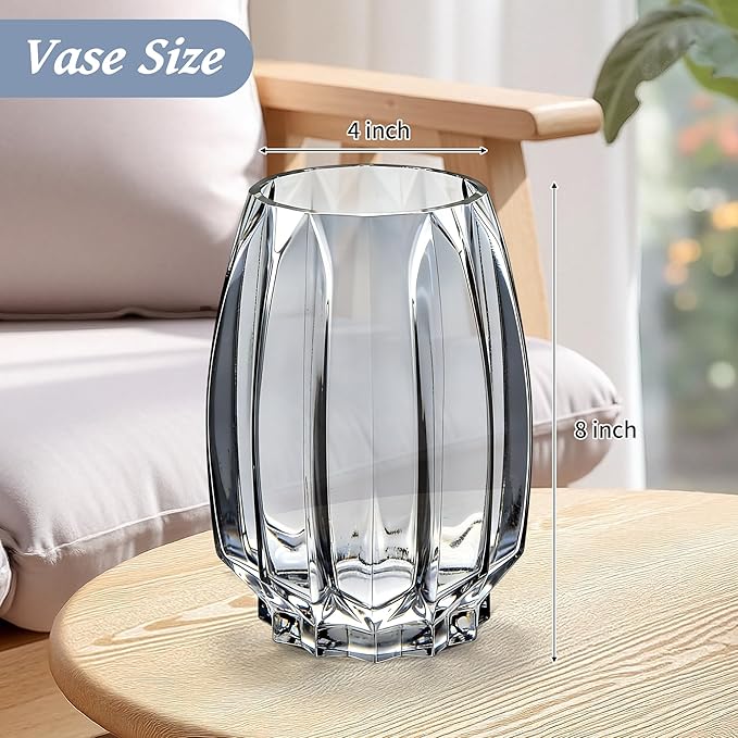 Glass Vase for Flowers - Hand Blown Flower Vase for Centerpieces, Wide Mouth Vase for Bouquets, Eucalyptus, Pampas Grass - Home Decor, Farmhouse, Dining Table