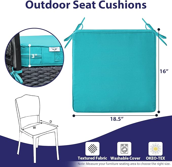 Outdoor Chair Cushions Set of 4,Waterproof Outdoor Seat Cushions for Patio Furniture,Patio Chair Cushion with Handle and Ties, Square Out Door Chair Pads,18.5" x 16" x 3", Teal