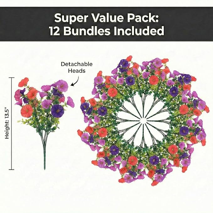 12Pcs Artificial Outdoor Flowers for Outdoors, Faux Silk Realistic Morning Glory Floral Arrangement Planter UV Resistant for Porch Patio Window Box Balcony Garden Decor (12pcs Purple Fuchsia)