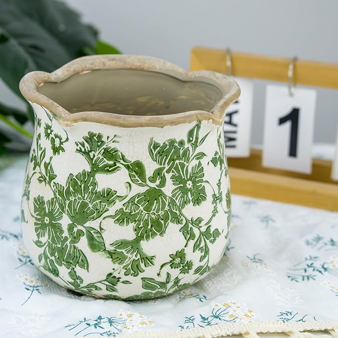 Rustic Ceramic Planter, 6 Inch Tuscan Vintage Flower Pot with Drainage, Farmhouse Garden Pot for Indoor Plants, Kitchen & Garden Tuscan Decor, Plant Lover Gift (Green)