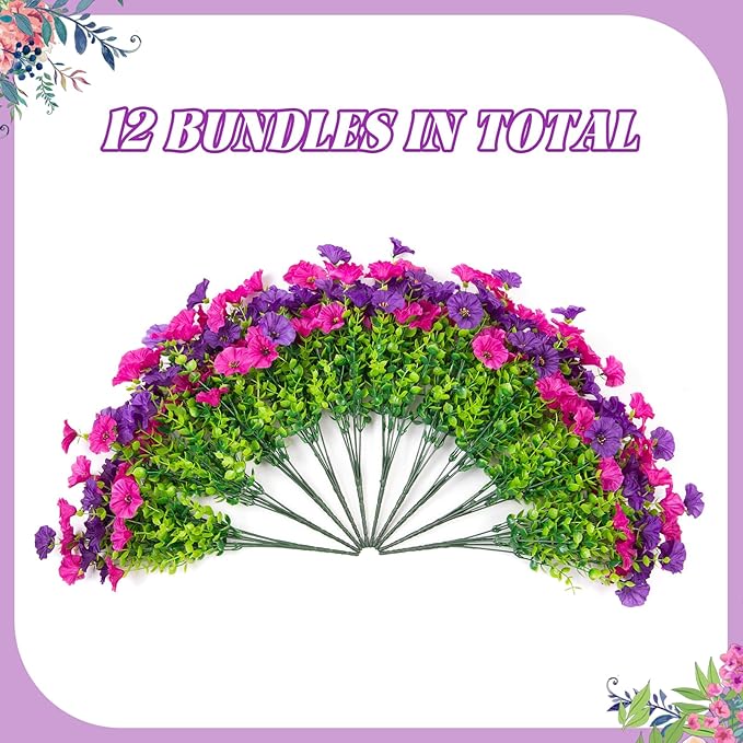 Artificial Flowers for Outdoors Decoration, 12 Bundles Fake Plastic Flower Plant, Faux Colorful Silk Morning Glory Petunias for Spring Summer Outside Garden Porch Front Door Decor, Purple