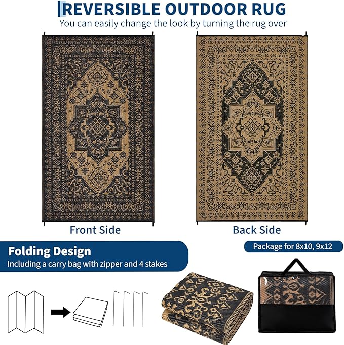 COZYLOOM Waterproof Outdoor Rug 9x12 Reversible Patio Rug Plastic Straw Mat, Vintage Medallion Carpet, Indoor Outdoor RV Mat for Deck, Balcony, Camping, Porch, Beach, Picnic, Black&Brown