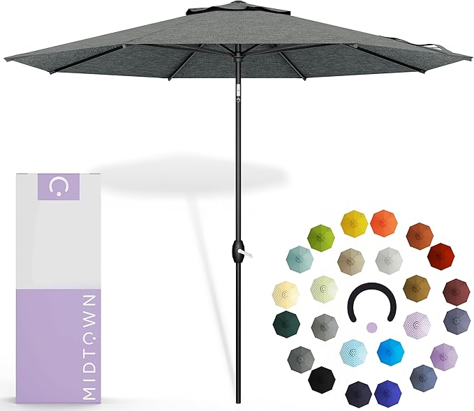 Midtown Umbrellas - 10-Year-No-Fade 9 Ft Patio Umbrella with Terylast Fabric, Auto-Tilt Aluminum Frame and 8 Reinforced Ribs for Deck, Pool, Garden & Beach - Geige Canopy, Black Pole