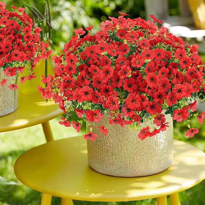 Artificial Flowers Outdoor Faux Plants UV Resistant Fake Patio Flowers Plastic Greenery Plnats Outside Bulk for Spring Garden Hanging Planter Home Vase Decor, 24 Bundles (Red)