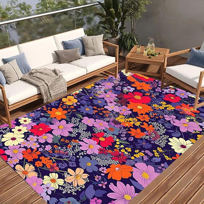 Waterproof Floral Outdoor Area Rug 2x3 Vibrant Purple Red Orange Flowers Texture Outdoor Rug for Patio Balcony Deck Garden Camping Stain Resistant Waterproof Porch Backyard Thin Outside Carpet Mat
