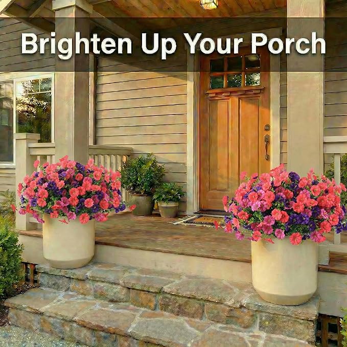 12Pcs Artificial Outdoor Flowers for Outdoors, Faux Silk Realistic Morning Glory Floral Arrangement Planter UV Resistant for Porch Patio Window Box Balcony Garden Decor (12pcs Purple Fuchsia)