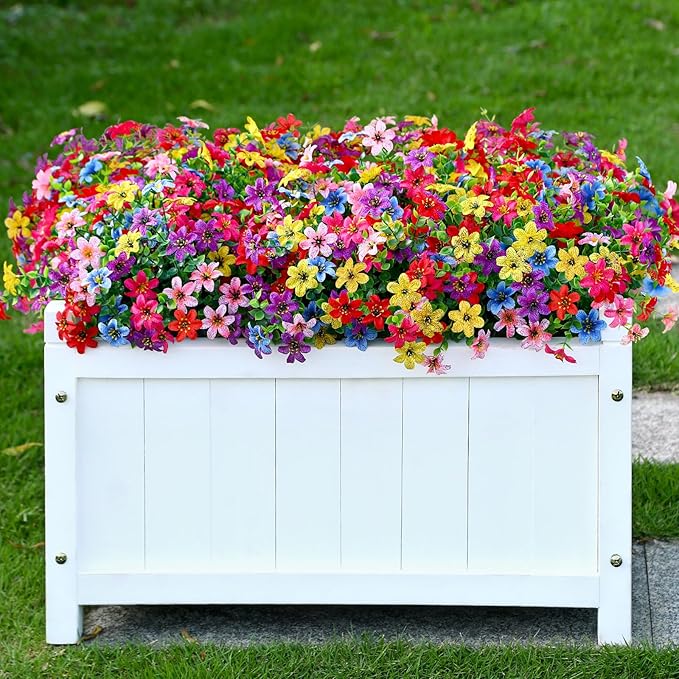 SHareconn 40 Bundles Artificial Flowers for Outdoors Spring Decoration, Fake Silk Realistic Faux Plants UV Resistant for Outdoor Planter Porch Patio Summer Outside Decor, RedRosyPurpleBlueYellowPink