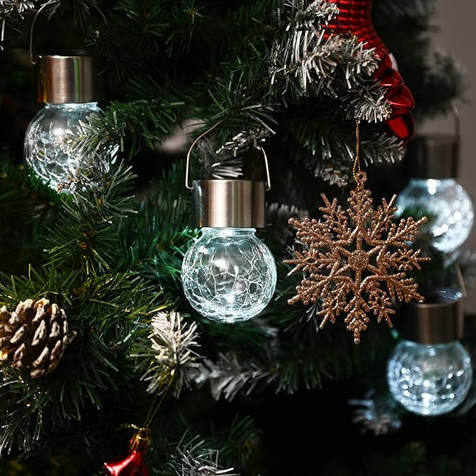 GIGALUMI 16 Pack Solar Outdoor Lights - Hanging Lights for Christmas Decoration - Cracked Glass, Waterproof for Garden, Yard, Fence, Tree (Cold White)