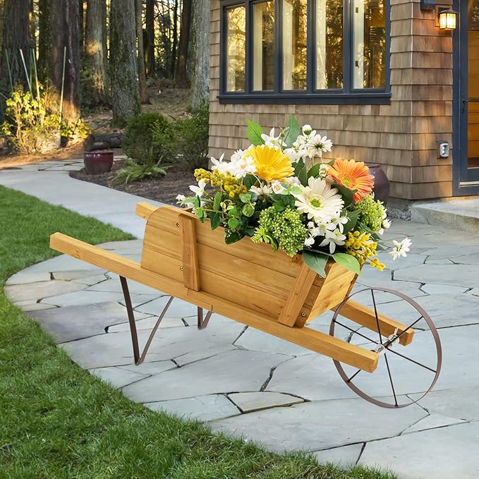 S AFSTAR Wood Wheelbarrow Planter, Flower Plant Pot Cart w/Metal Wheel & 9 Replaceable Magnet Accessories, Wooden Wagon Planter Decor for Outdoor Garden Backyard (Natural)