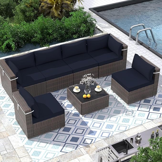 Outdoor Sectional Cushions Replacement Set, 26x26in Patio Furniture Cushions, 14 Pieces Waterproof Outdoor Couch Cushion for 6 Seat Wicker Conversation (Navy Blue)