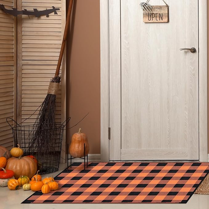Tinideya 4' x 6' Thanksgiving Plastic Straw Outdoor Rug Waterproof Plaid Buffalo Front Doormat Porch Mat Patio Deck Mat for Outside Indoor Garden Lawn Balcony Holiday Decorations(Orange and Black)