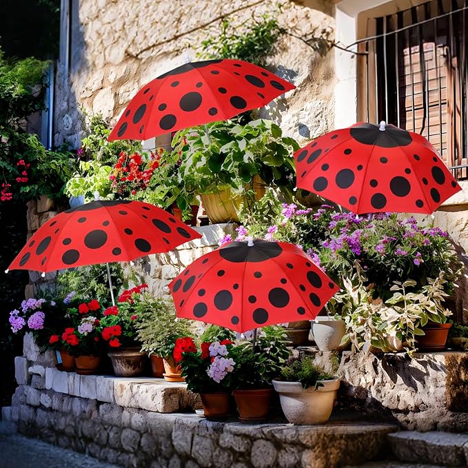 4 Pack Plant Umbrellas for Outdoor Plants, Upgraded Joints-enhanced Wind Resistance, Adjustable Height, Large Garden Umbrella Shade for Potted Plants Bed Flower Pot(Ladybug)