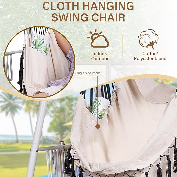 Hammock Chair Hanging Rope Swing & Stand Set with Two Holders, Heavy Duty Hanging Stand with Three Hooks, Multi-Use for Indoor Outdoor Patio Yard Garden(White & Khaki)