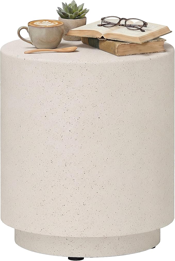HOMCOM Outdoor Side Table, Round Small End Table with Concrete Finish for Indoor, Patio, Backyard, Pool, Porch, Garden, Lawn, Cream White