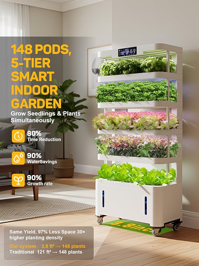 Large Hydroponics Growing System, 148-Pod Vertical Indoor Garden, Hydroponic Tower with Full-Spectrum Grow Lights, Ultra-Quiet Pump, Dual Water Tanks, 30-Day Self-Managed for Home & Commercial