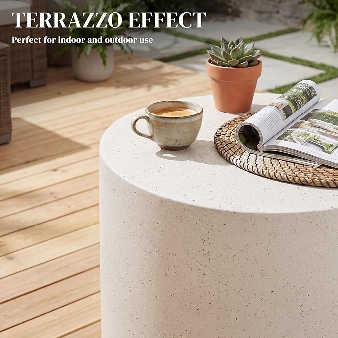 HOMCOM Outdoor Side Table, Round Small End Table with Concrete Finish for Indoor, Patio, Backyard, Pool, Porch, Garden, Lawn, Cream White