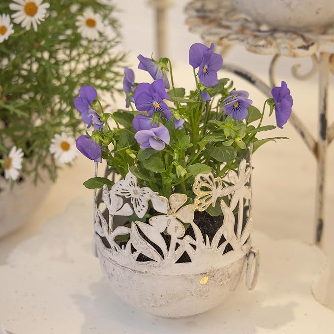 3 Piece Vintage Metal Pots Set,Rustic Distressed Garden Planter Plant Buckets with Handles Farmhouse Floral Containers for Indoor Outdoor Home Gardening Tabletop Centerpieces Wedding Decor White