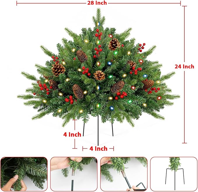 2 Pack 24 Inch Christmas Urn Filler, Dual Color Change & Timer Christmas Tree with Pinecones Red Berries Tripod Stake Battery Operated 8 Mode for Porch Outdoor Xmas Trees Christmas Decorations