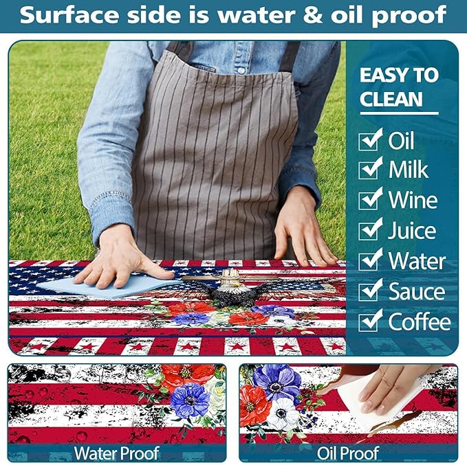 Picnic Table Cover with Bench Covers Elastic Edges, American Flag Eagle Fitted Table Cover, Camping Outdoor Patio Essentials 96 Inch 3PCS Fitted Tablecloth with Drawstring Bag