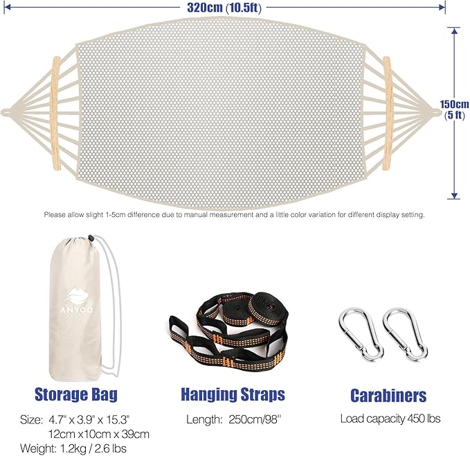 Anyoo Breathable Fabric Hammock with Spreader Bar - Portable Up to 450lbs for Garden, Outdoor/Indoor Patio, Backyard