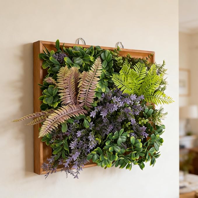 1 Piece Hanging Wall Artificial Plants for Home Decor Faux 3D Greenery Plant in Wooden Frame 12 inches for Room Garden Patio Indoor Outdoor Decoration, Green with Purple